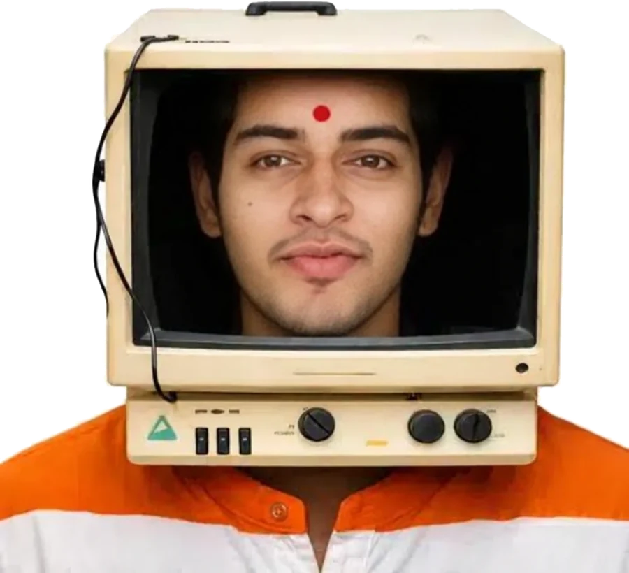 Actually Indian: a man in a saffron and white kurta with a beige 1980s monitor for a head, his face on the screen.